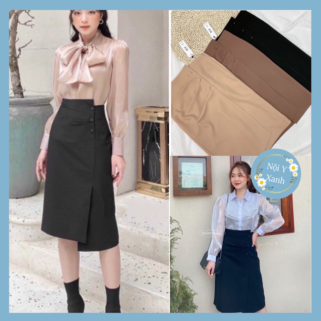Chân váy công sở siêu tôn dáng phối cúc bọc công sở midi qua gối xẻ tà cạp lưng Chân váy vintage dáng dài ulzzang