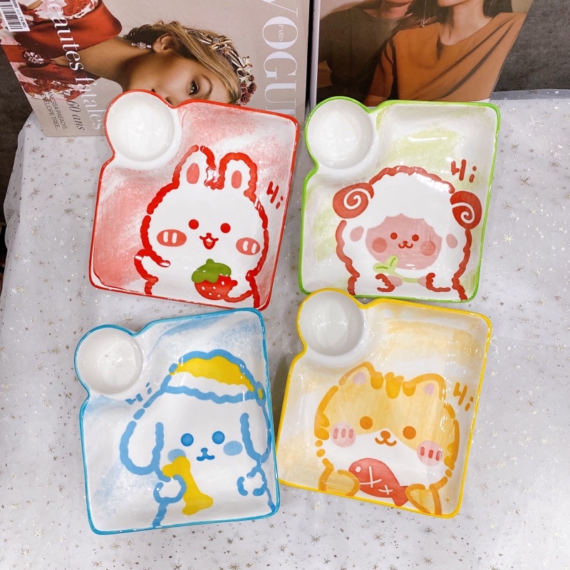 Đĩa sứ 2 ngăn ngộ nghĩnh, đĩa có ngăn nhỏ đựng nước sốt chấm, gia vị, khay sứ đựng đồ chiên rán tiện dụng