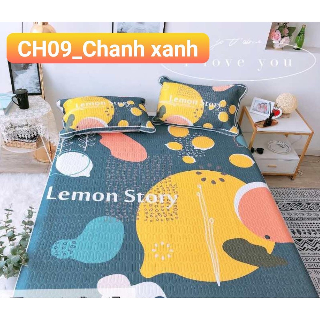 Chiếu điều hòa tencel,chiếu cao su non 5D,gồm 1 chiếu kèm 2 vỏ gối mẫu lá to xanh