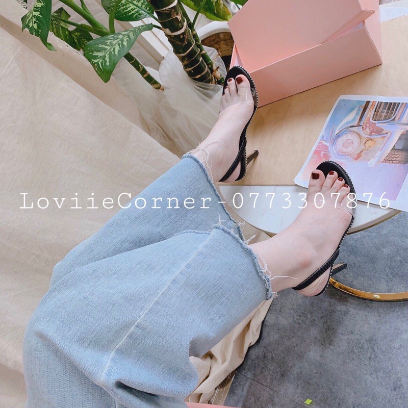 GIÀY CAO GÓT NỮ 9CM LOVIIECORNER - GUỐC CAO GÓT QUAI MẢNH VIỀN ĐINH THỜI TRANG G191236