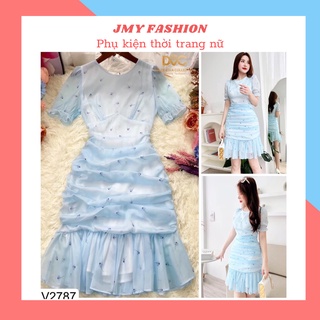 V2787 Váy body nhún eo hoa nhí xanh thiết kế đuôi cá công sở dự tiệc sang chảnh - (DVC&ACC) Dolce viva colection