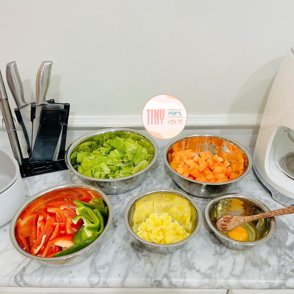 SET 5 CHẬU INOX CÓ VẠCH CHIA NƯỚC SIÊU TIỆN ÍCH