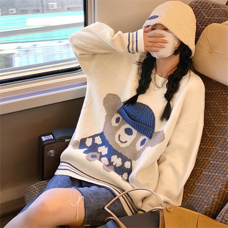 Áo Sweater Chui Đầu Dáng Rộng In Hình Gấu Dễ Thương Phong Cách Phương Tây Thời Trang Thu Đông 2021 Cho Nữ