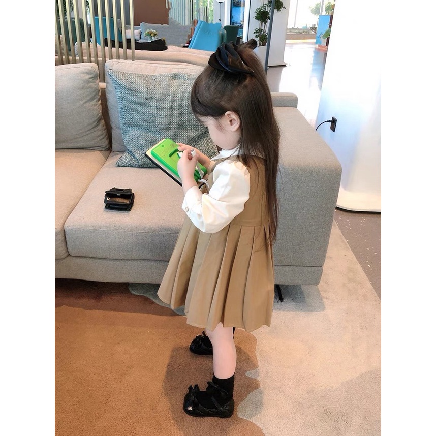 Đồ bộ bé gái, Set tiểu thư áo sơ mi dài tay bồng và váy yếm chữ A, xếp ly chất thô cao cấp cho bé từ 7-18 kg, SUN KID'S