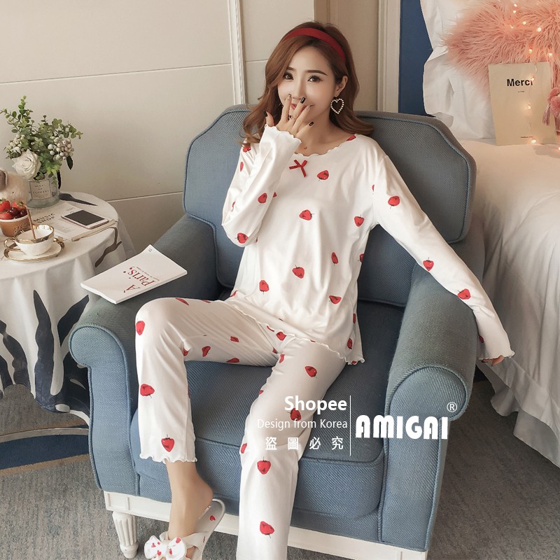 Bộ Đồ Ngủ Vải Lụa Tay Dài Kiểu Hàn Quốc Xinh Xắn Cho Nữ | BigBuy360 - bigbuy360.vn