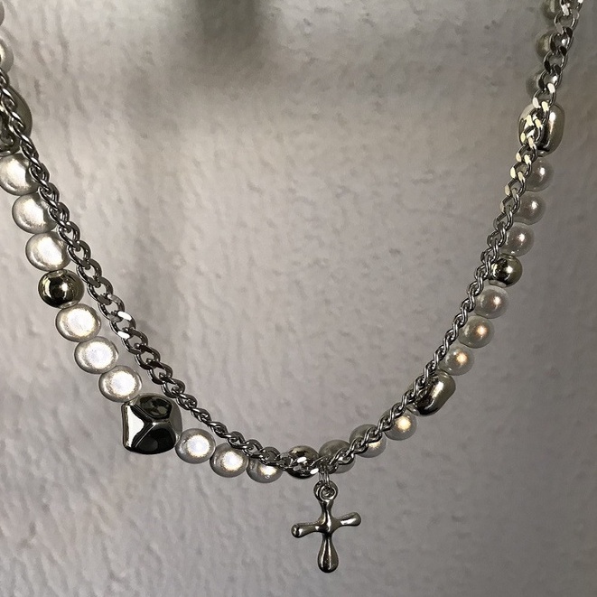 Vòng cổ Thép Titan Mặt Hình Thánh Giá Đính Ngọc Trai Phản Quang Phong Cách hip hop