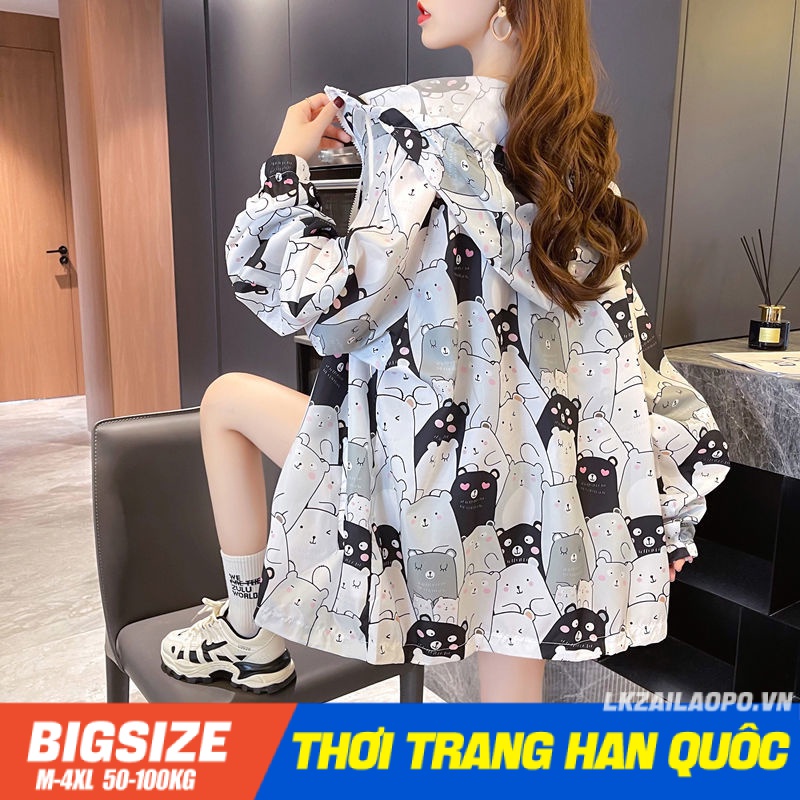 Áo chông nắng nữ Bigsize Áo khoác chông nắng hoodie lụa lạnh hoạ tiết mỏng form rộng tay dài thoáng khí Chống tia mùa hè Phong cách hàn quốc cho người mập béo nữ