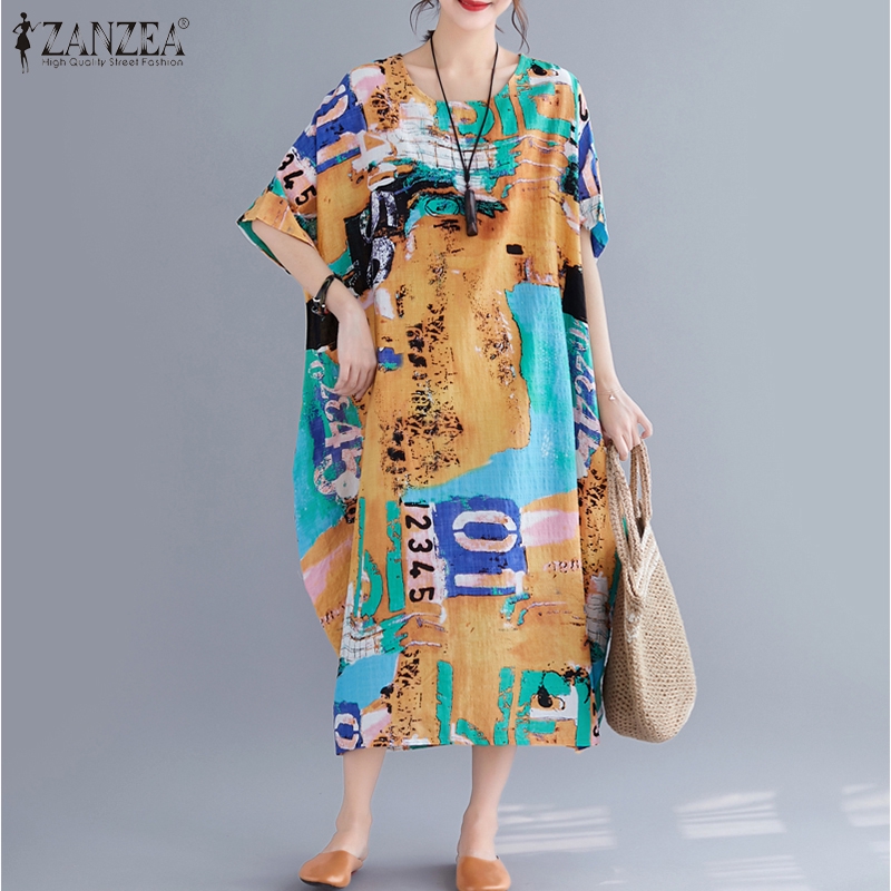 Đầm Nữ ZANZEA Ngắn Tay Cổ Tròn Form Dài Rộng Thời Trang | BigBuy360 - bigbuy360.vn