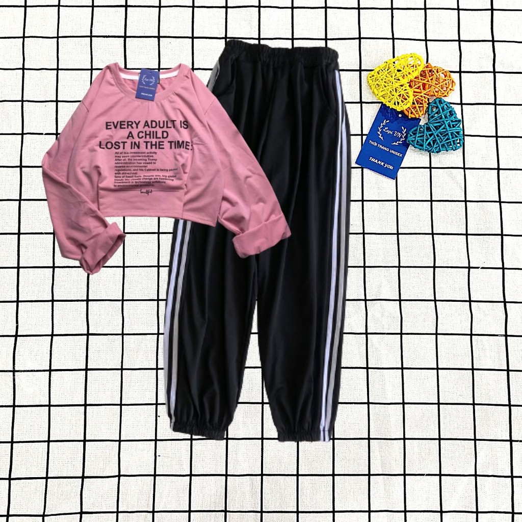 Set Đồ Bộ Quần Dài Jogger Đen Sọc Trắng Áo Thun Croptop Tay Dài Lapi VN Thoáng Mát, Freesize, Dưới 70kg Vừa