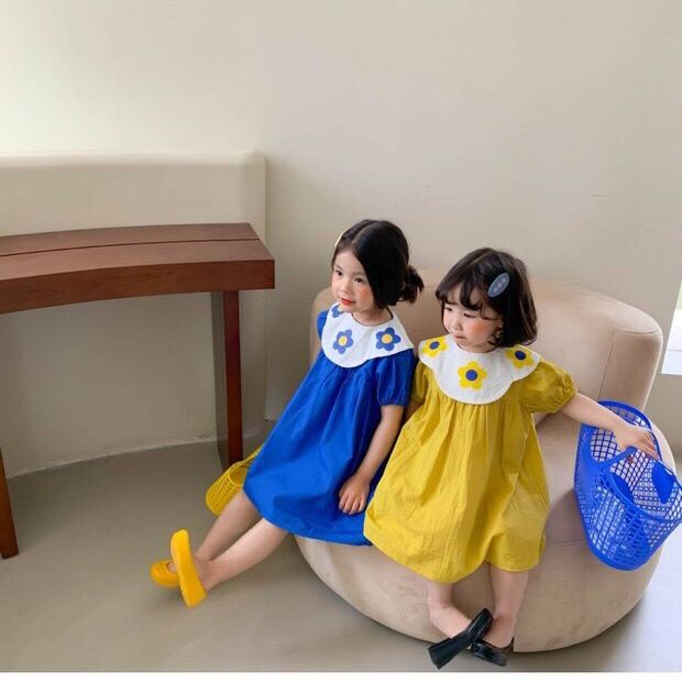 Váy công chúa tay ngắn cổ bẻ in họa tiết hoa thời trang mùa hè phong cách Hàn Quốc cho bé gái 2021