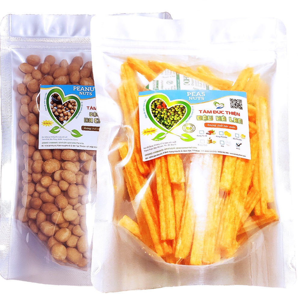 Combo 2 Túi: Đậu Phộng Da Cá Cacao 500GR và Túi Bánh Khoai Tây Phô Mai Que &amp; Đậu Hà Lan 205GR Tâm Đức Thiện