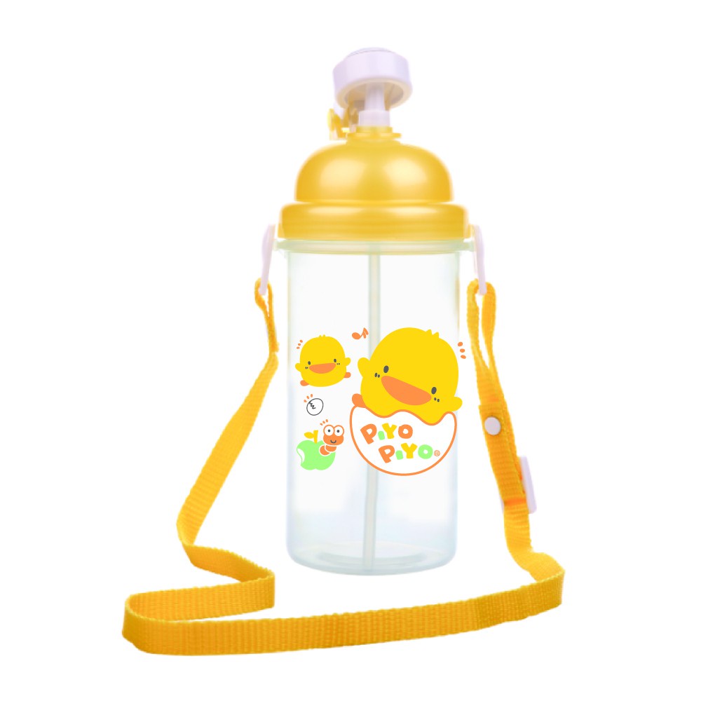 [Mã BMINC50 giảm 10% đơn 99K] Bình nước cho bé đi học có dây đeo Piyo Piyo 500ml, ấn nút để mở, ống hút ngăn tràn