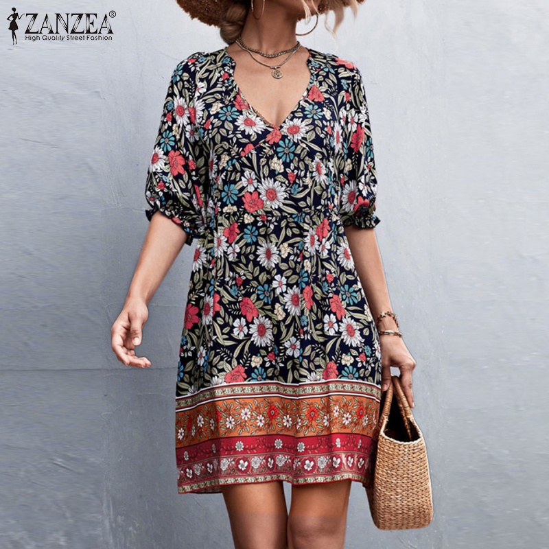 ZANZEA Đầm Tay Lửng Cổ Chữ V In Họa Tiết Hoa Phong Cách Cổ Điển Thời Trang Dành Cho Nữ
