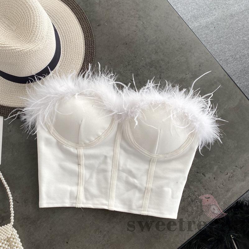 Áo Croptop Sát Nách Hở Lưng Phối Lông Có Khóa Kéo Màu Trơn Cho Nữ