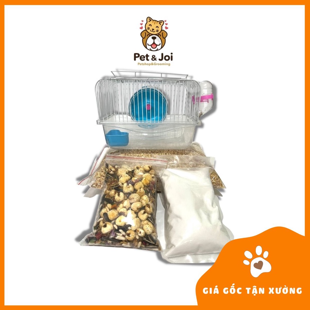 Combo nuôi Hamster cơ bản (1) gồm cát tắm + mùn thơm + thức ăn trộn + lồng (giao màu ngẫu nhiên) - PET&amp;JOI