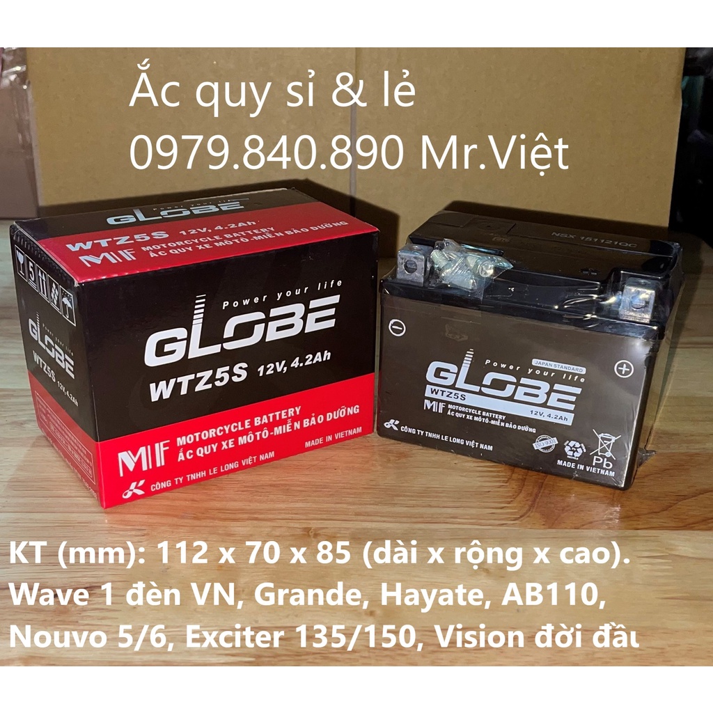 Bình Ắc Quy Khô Globe WTZ5S ( 12v4.2Ah ) - KT (mm) : 112 x 70 x 85 ( Dài x Rộng x Cao )