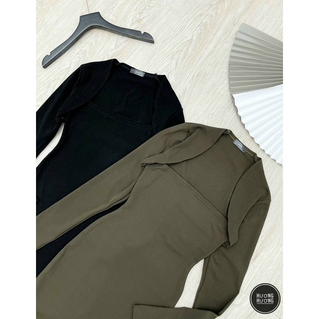 Váy body dáng dài cổ vuông đầm ôm body dài tay sang chảnh màu đen rêu JUMIO