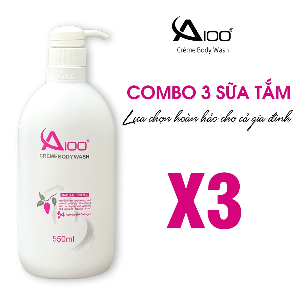 COMBO 3 CHAI Sữa Tắm Trắng  A100 Creme Body Wash  Chiết Xuất Dầu Tằm Chai 550ml - Làm Mềm Da, Trắng Sáng, Hương Thơm Lâu