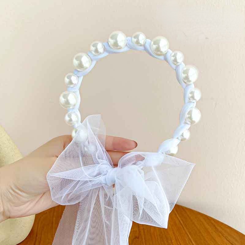 Băng Đô Nơ Lưới Đính Ngọc Trai Phong Cách Hàn Quốc Cho Bé Gái