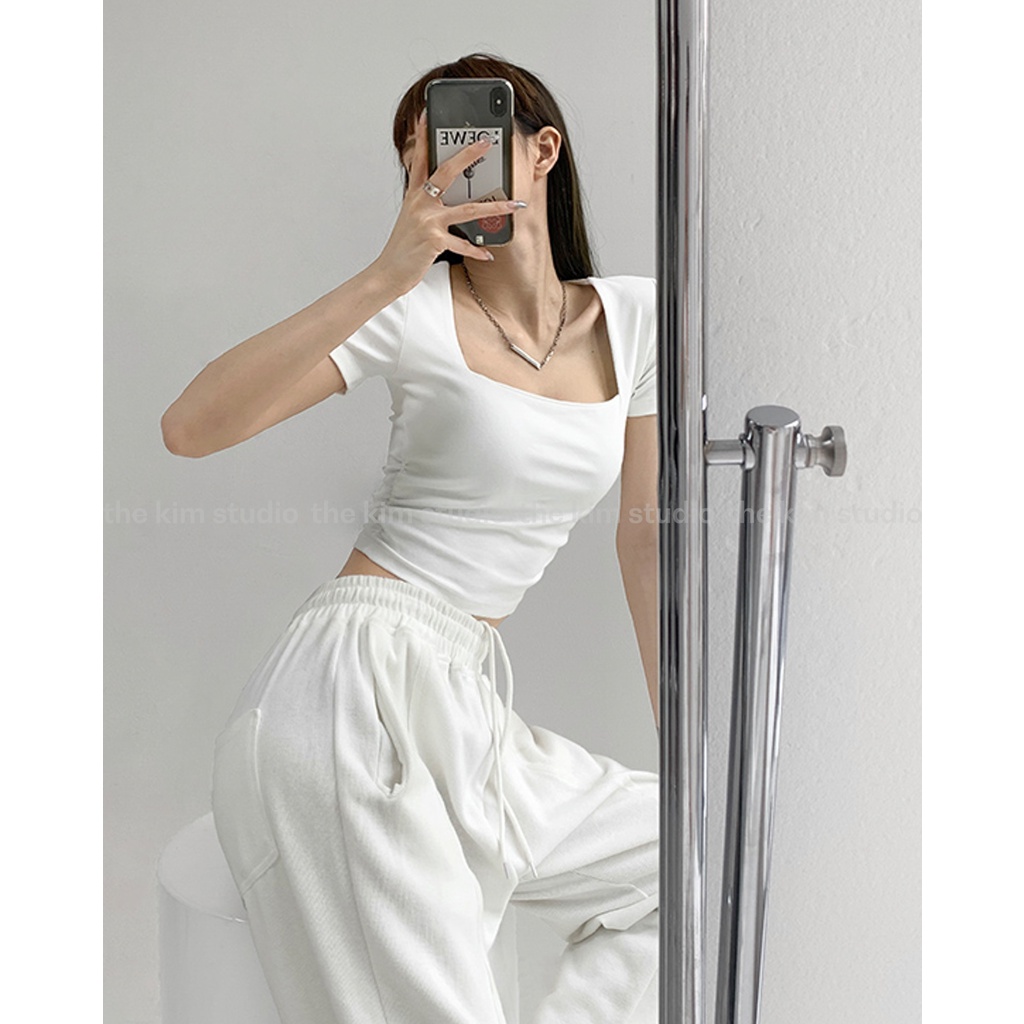 Áo thun croptop tay ngắn THE KIM , áo cổ vuông cho nữ nữ may hai lớp vải A112