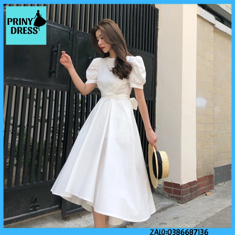 Đầm dự tiệc tay phồng eo thắt nơ duyên dáng Ulzzang siêu xinh