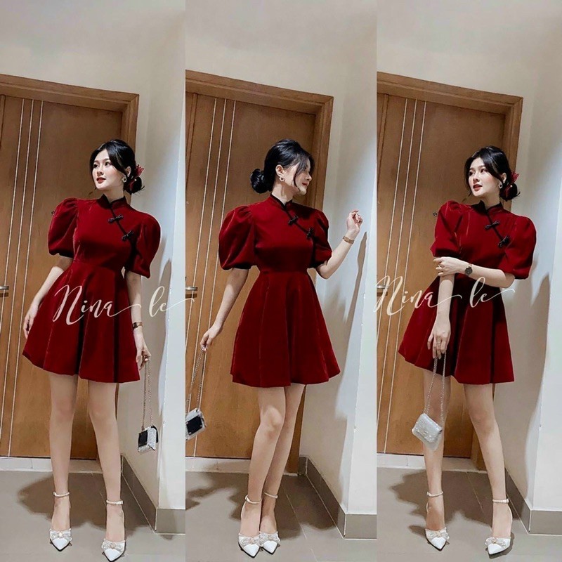 Đầm nhung cổ tàu (kèm ảnh thật và video)