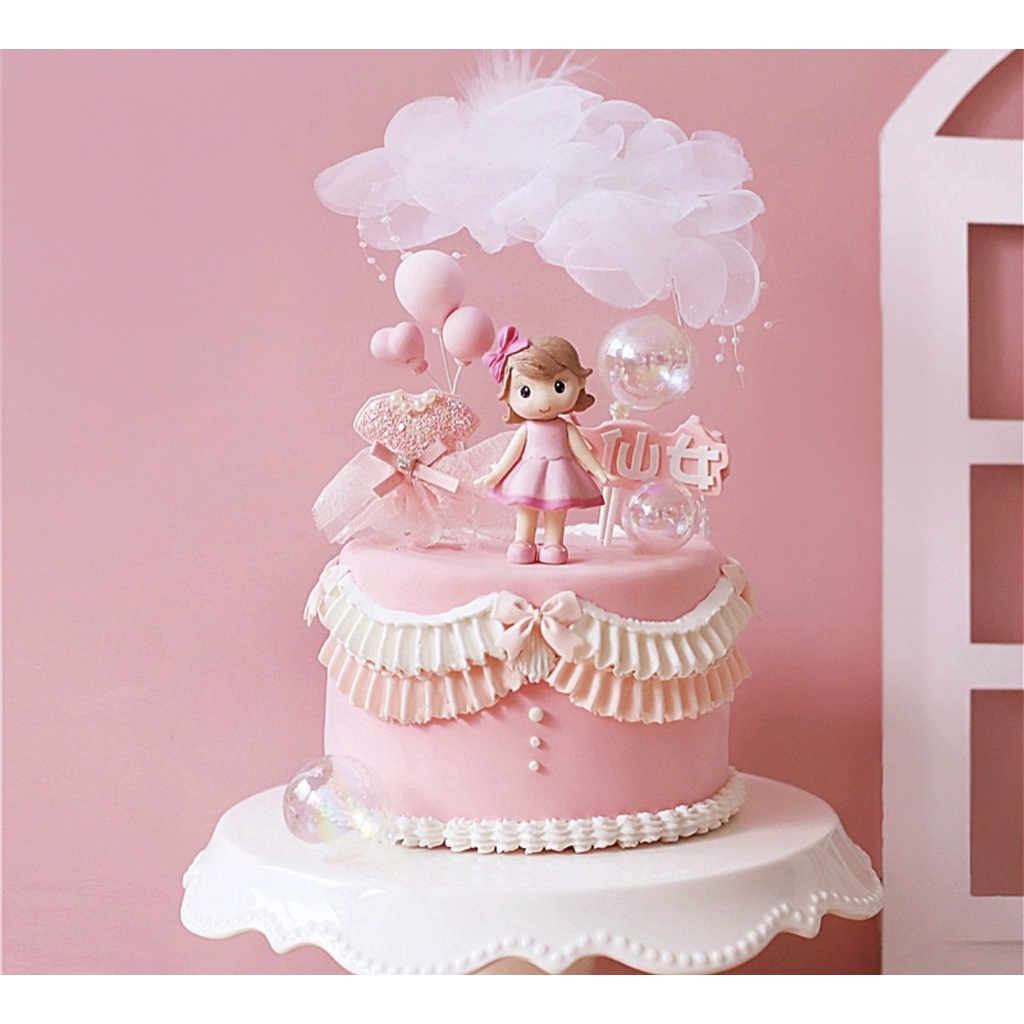 Trang trí bé gái mặc váy + nơ hồng - Phụ kiện trang trí bánh sinh nhật