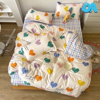 Bộ chăn ga gối cotton poly - Mẫu tim kẻ xanh.