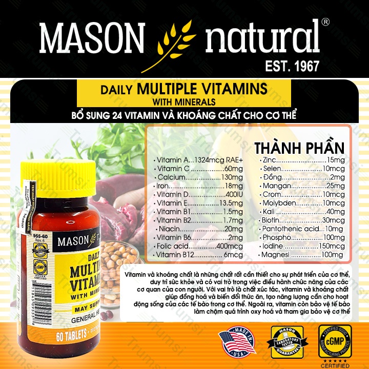 Viên uống bổ sung Vitamin tổng hợp Mason Natural Multiple Vitamins hỗ trợ tăng cường sức khỏe tổng thể nâng cao đề kháng