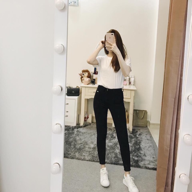 Quần skinny 9 tấc đen trơn tua lai