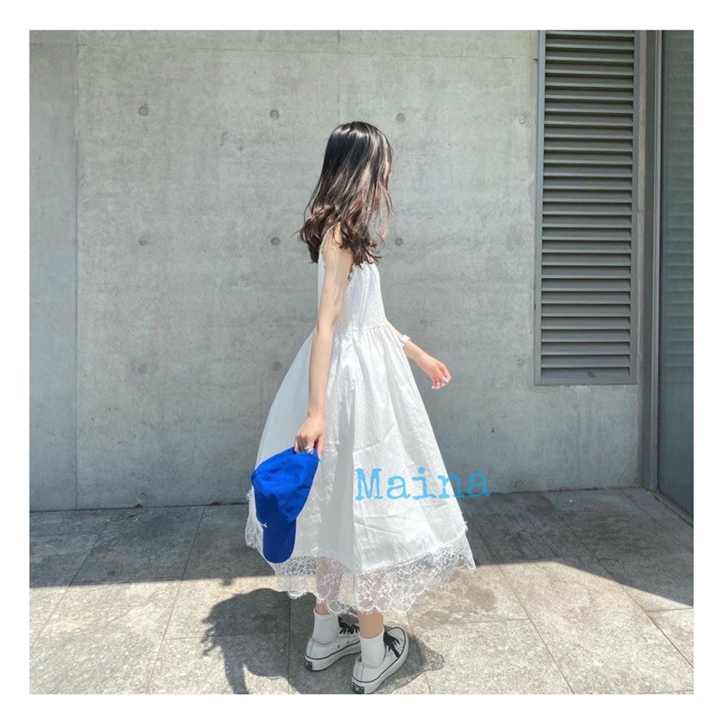 Váy hai dây babydoll viền ren - Đầm xòe 2 dây trắng Maina