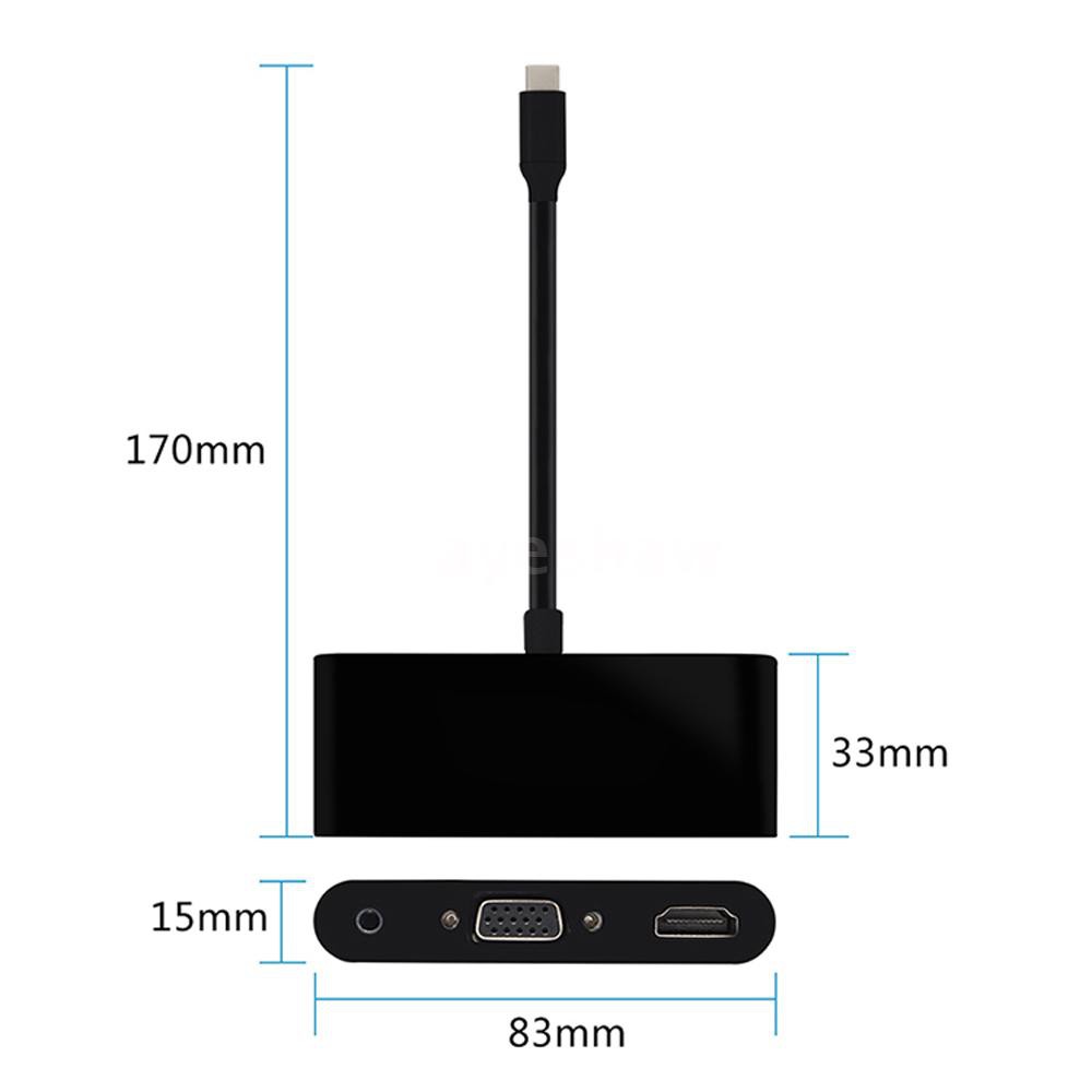 Ayeshaw USB-C Type-C to HD VGA 3.5mm Audio 3 in 1 Converter Adapter with USB 3.0 HUB