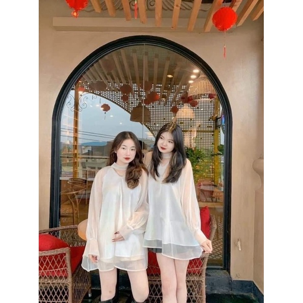 Áo lụa cổ V thắt nơ dáng dài hàng 2 lớp
