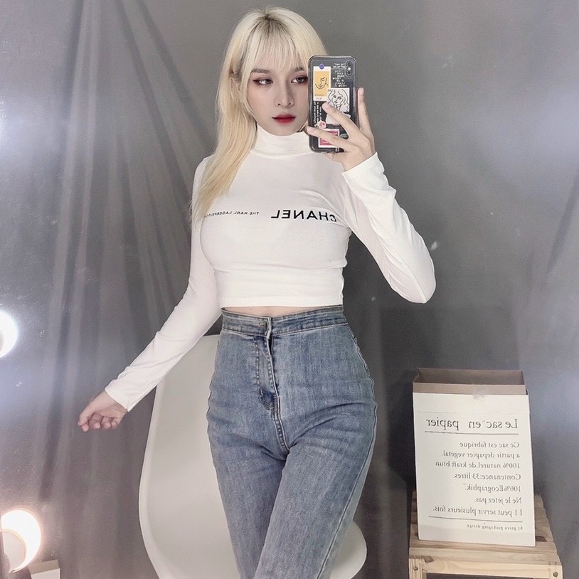 Áo kiểu croptop tay dài cổ lọ in chữ hiệu chà leo trước ngực cực hot , chất thun bozip dày dặn ( ảnh thật )