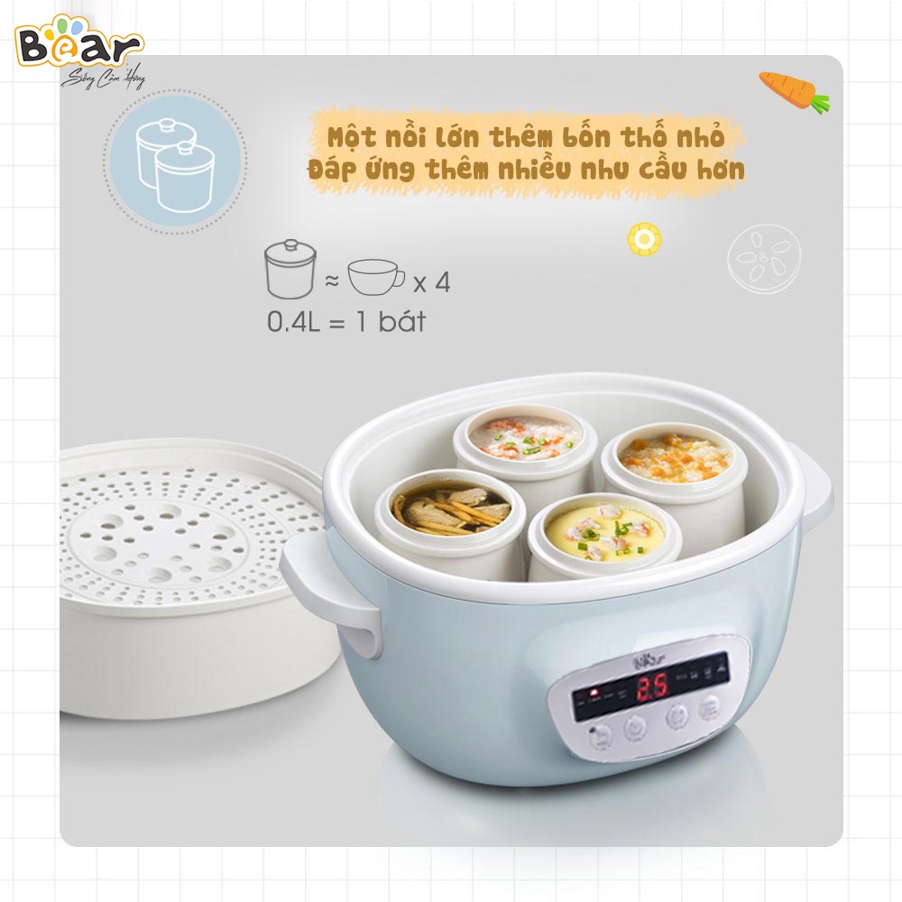 Combo Nồi Nấu Chậm 2,5L Bear SUBE003 và Máy Xay Ăn Dặm 0,3L Bear B03V2 nấu cháo, chưng yến, đồ ăn dặm