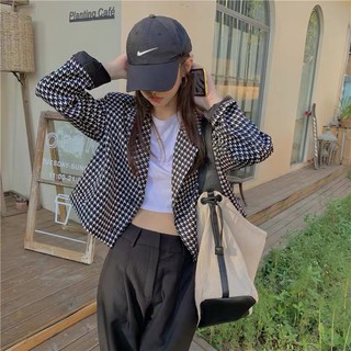 Áo blazer dáng ngắn croptop kẻ caro đen trắng freesize