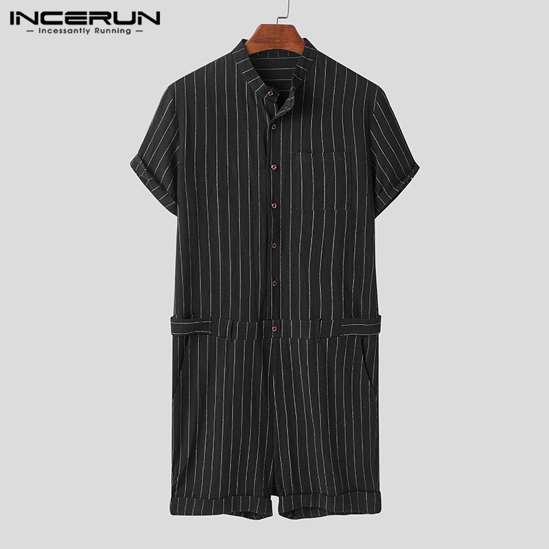 Áo liền quần Ngắn Tay Kẻ Sọc Phối Nút Cá Tính Dành Cho Nam