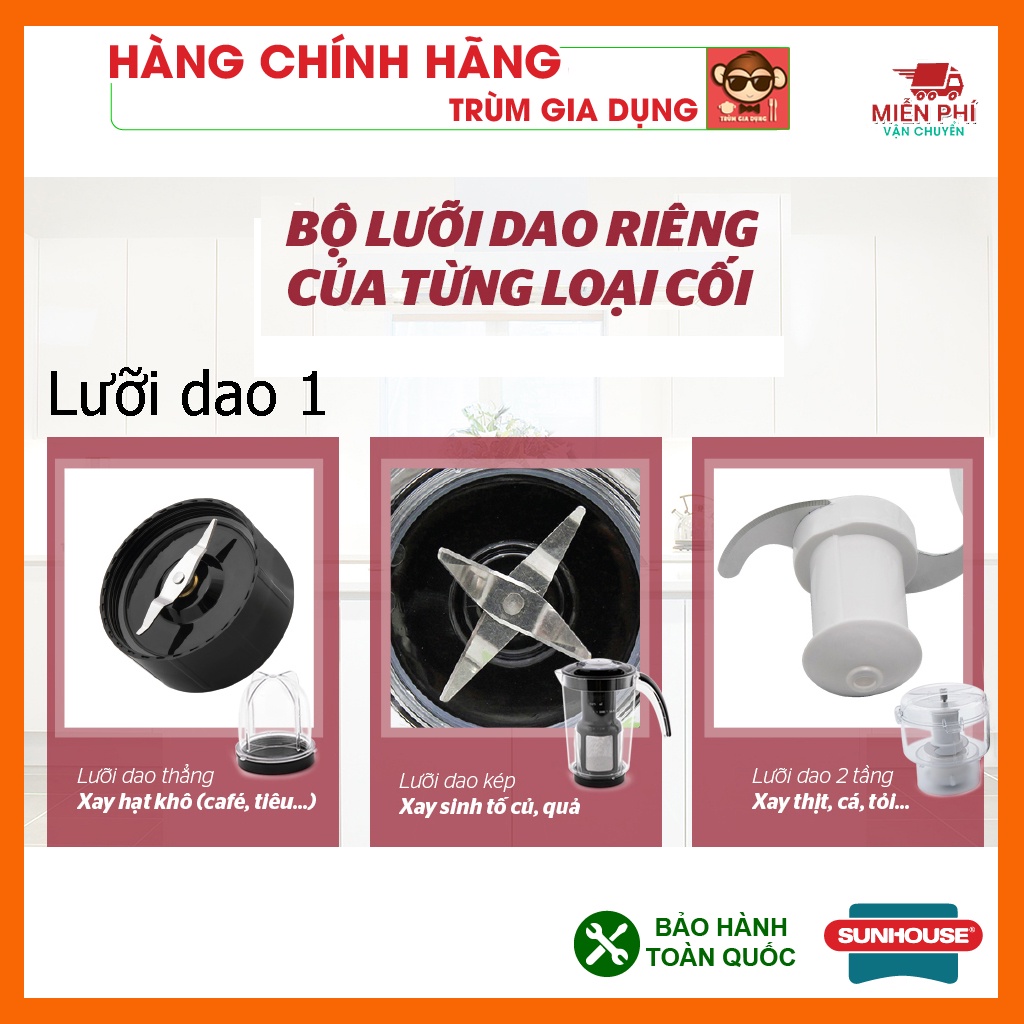 Phụ kiện máy xay sinh tố Sunhouse SHD5112, SHD5323, cối to nhỏ đầy đủ, gioăng cao su và lưỡi dao