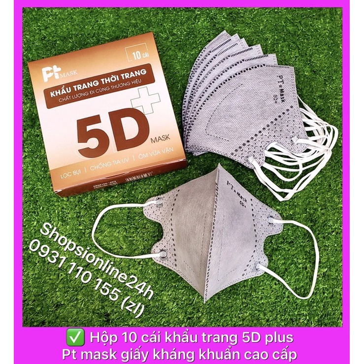 ✅ Hộp 10 cái khẩu trang 5D plus Pt mask Phương Tuyến giấy kháng khuẩn ( màu Xám )