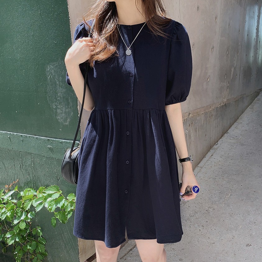 Đầm tay phồng cổ tròn màu trơn xinh xắn cho nữ 34980