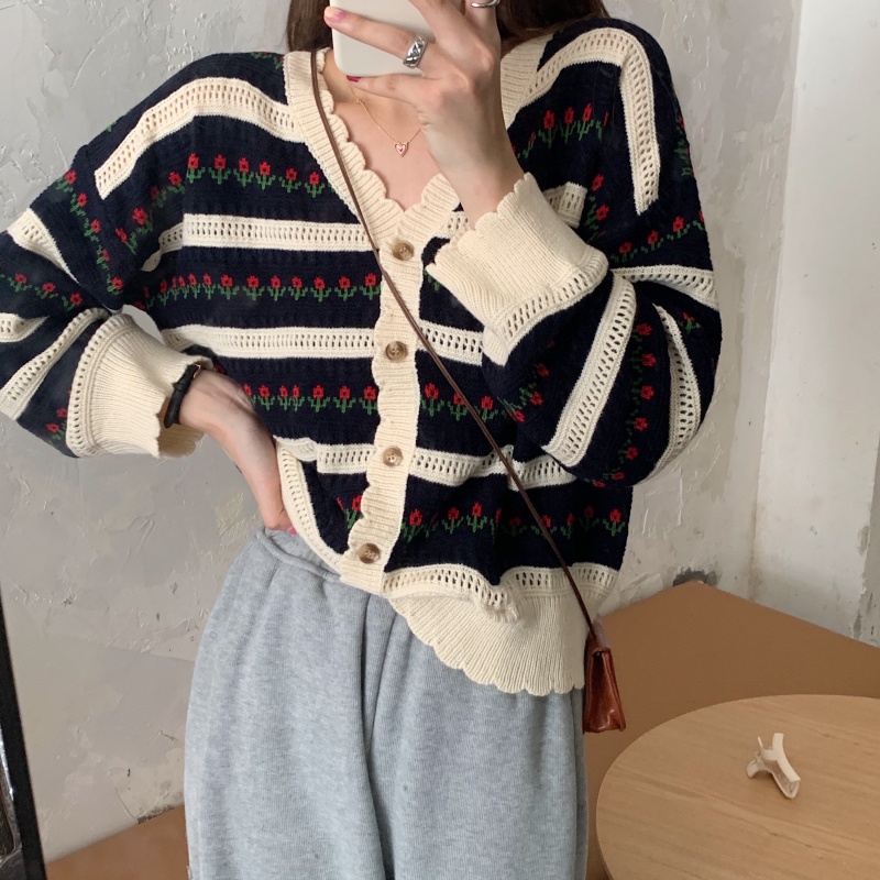 【ZHELIHANGFEI】Áo Cardigan Dệt Kim Tay Dài Cổ Chữ V Lưng Cao In Hoa Xinh Xắn