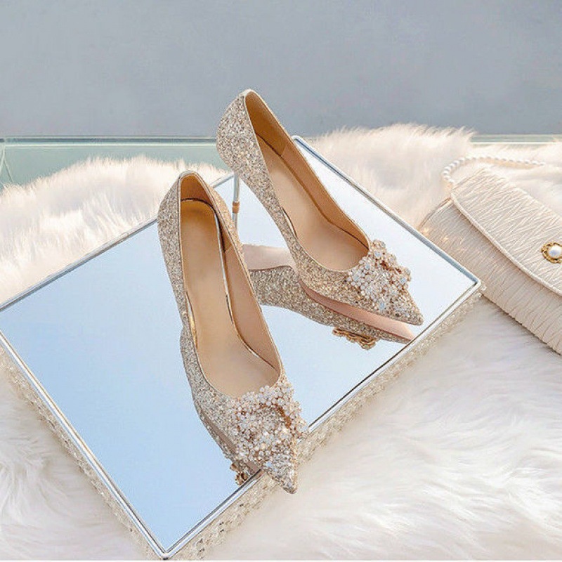 Giày Cao Gót Ánh Bạc Đính Kim Sa Lấp Lánh Thời Trang Mới 2021 Cho Phù Dâu