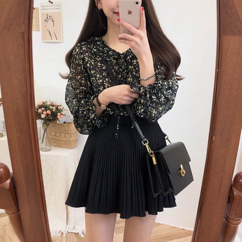 Linki ✧ Áo Sơ Mi chiffon Tay Dài Phối Bèo Họa Tiết Hoa Nữ Tính