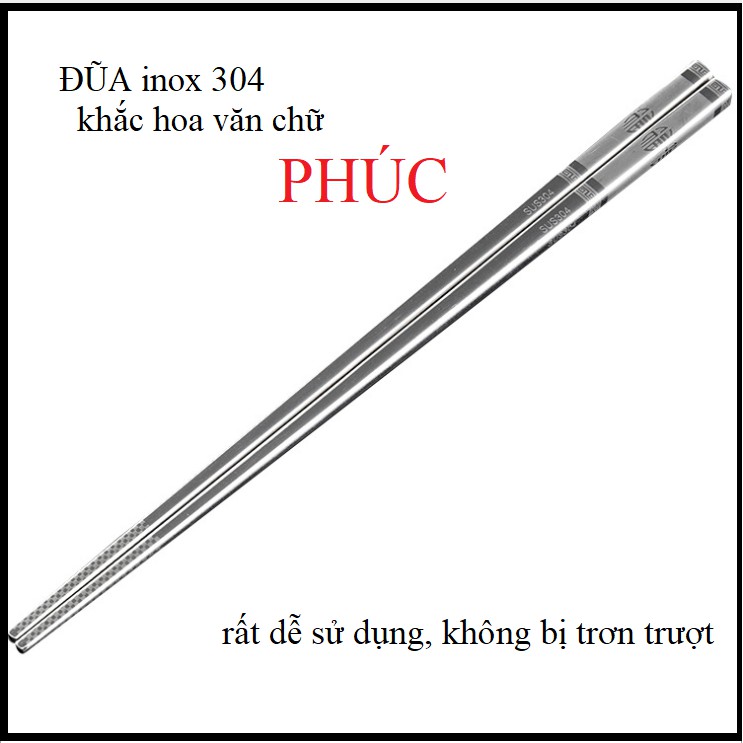 Bộ 10 đôi đũa INOX 304 PHÚC LÀNH ,khắc laser chống trượt,chống bám mùi,bám bẩn