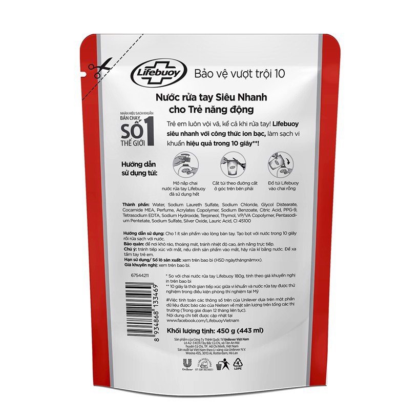 Nước Rửa Tay Lifebuoy Bảo Vệ Vượt Trội Túi 450g