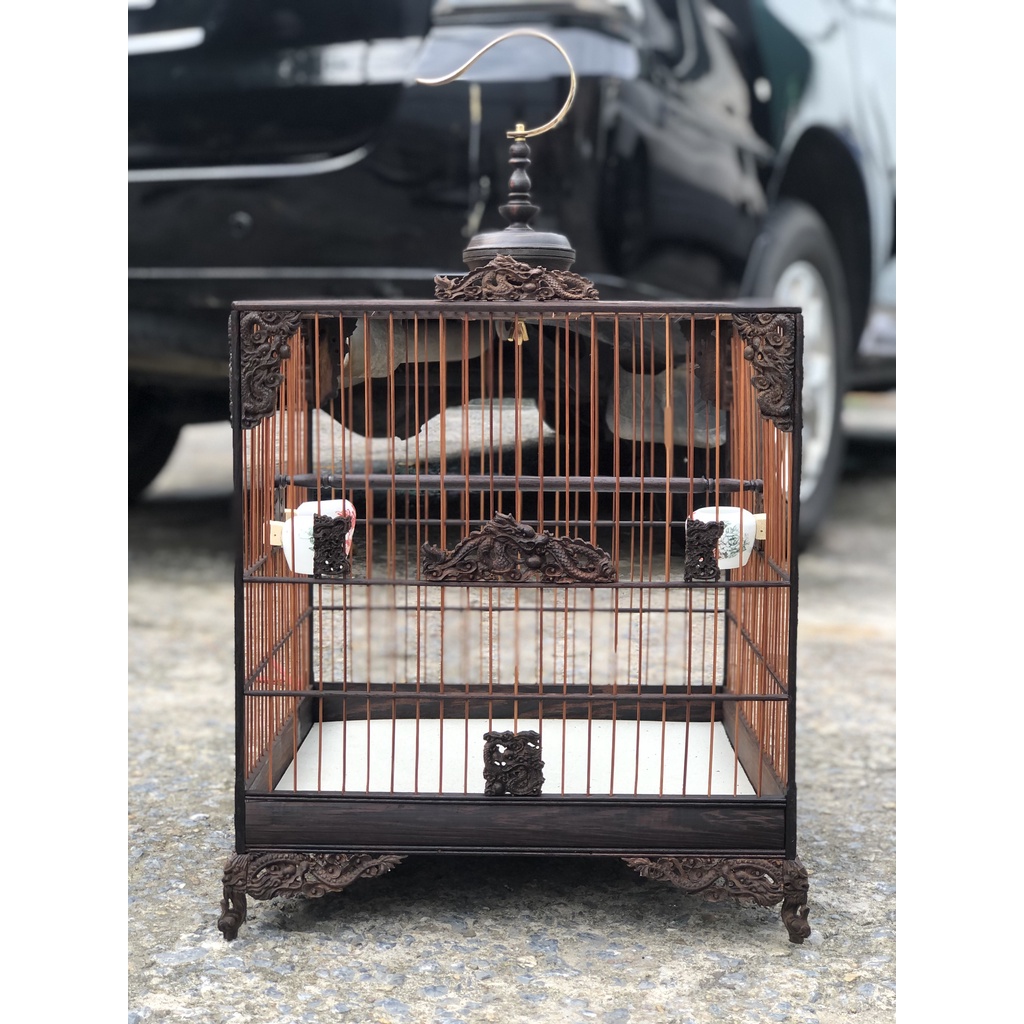 Lồng chim chào mào gỗ mun đuôi công Vuông đấu trụ tròn đục Rồng kèm đủ phụ kiện LC01 Lồng chim Kabosa
