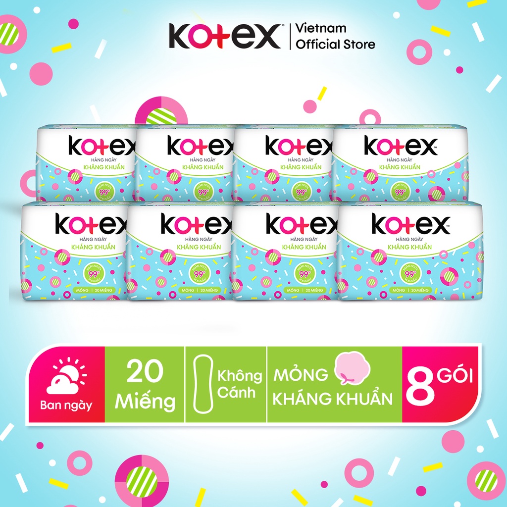 Combo 8 băng vệ sinh Kotex Hằng ngày Kháng khuẩn 20miếng/gói