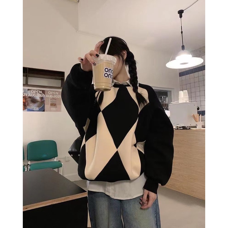 Áo sweater cổ tròn tay dài dáng rộng phong cách Hàn Quốc mới năm 2021