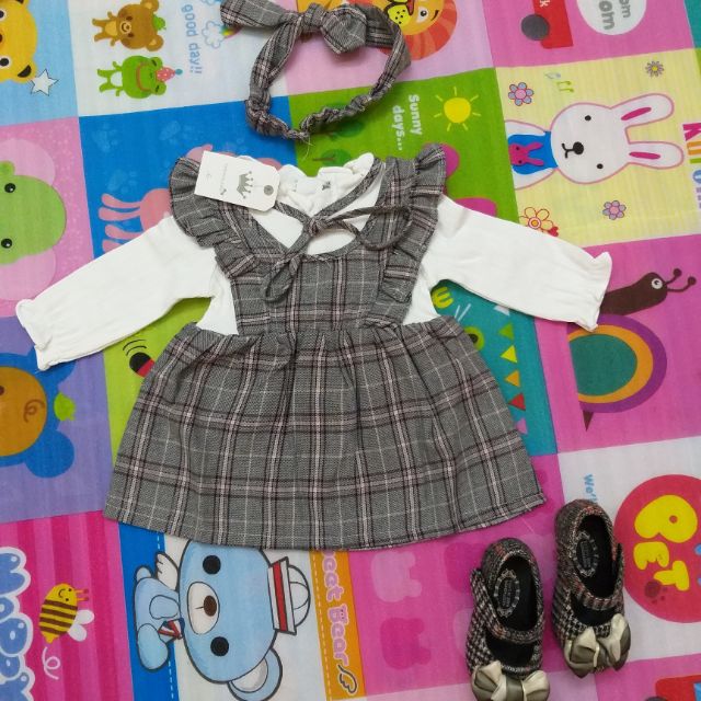 Set váy kẻ + băng đô cho bé