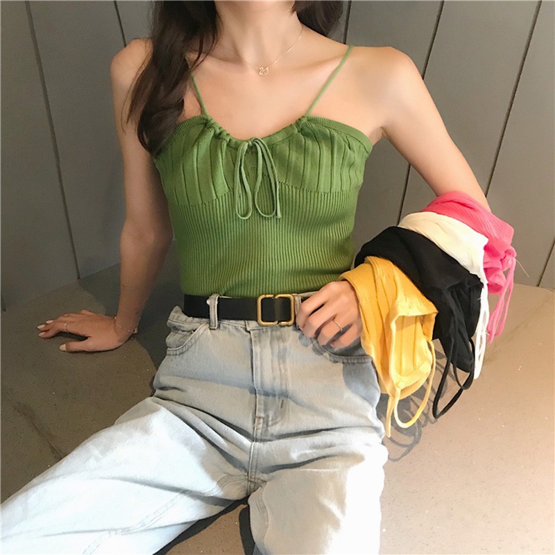 Áo dệt kim nữ cổ chữ V dây rút quyến rũ